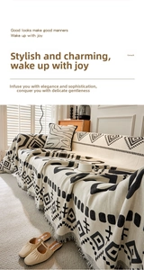 Close-up of bohemian chenille sofa cover with tribal patterns and decorative fringes