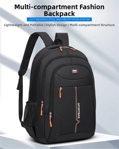 Detail of black multi-compartment backpack with orange zipper accents and mesh side pocket