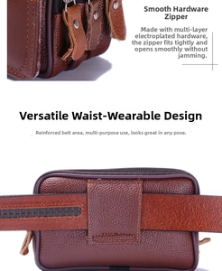 Detail of reinforced belt loops and smooth silver hardware on brown leather waist bag