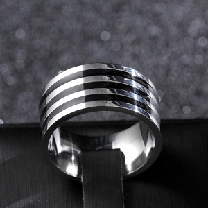 Modern 10mm stainless steel ring with black and silver striped industrial design