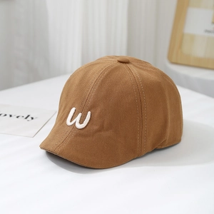 Kids vintage canvas beret with 3D white W embroidery in stylish dark camel brown color