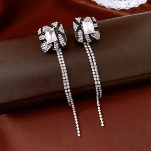 Luxury geometric square tassel drop earrings with sparkling rhinestones and black enamel