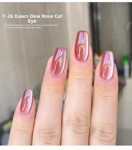 Detailed close-up showing Morning Dew Rose magnetic cat eye effect on nails color Y-26