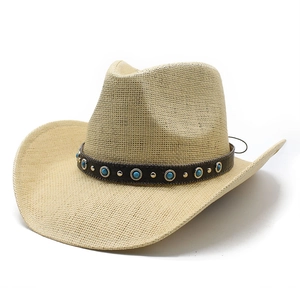 Western style straw fedora with turquoise beaded leather band and chin strap on white