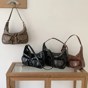 Retro baguette shoulder bags in taupe, black, and dark brown with dual front flap pockets