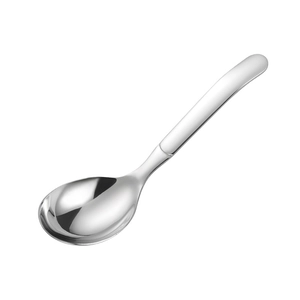 Deep stainless steel round soup spoon with elegant long white handle and glossy finish