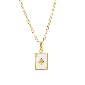 Detail of gold Ace of Spades poker pendant with white enamel and rectangular link chain