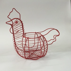 Detailed side view of a red rooster shaped metal wire fruit basket for home storage