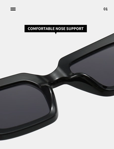 Detail of comfortable integrated nose support on square black marble sunglasses