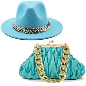 Fedora Hat And Chain Clutch Bag Set Woolen Fabric Wide Brim British Style Jazz Cap Women Elegant Fashion Accessories
