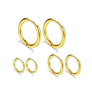 Set of three pairs of polished gold plated titanium steel hoop earrings in various sizes