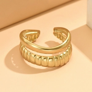 Double-layer gold stainless steel adjustable ring with croissant and smooth band texture