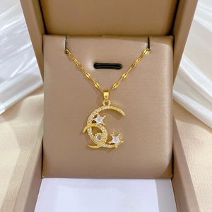 Crescent Moon And Star Pendant Necklace Stainless Steel Copper Gold Plated Dainty Zircon Chain Jewelry For Women Elegant