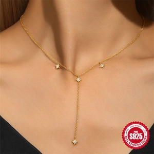 Elegant S925 sterling silver gold Y-shaped tassel necklace with sparkling star charms