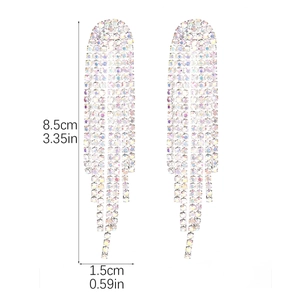 Detailed dimensions of elegant long rhinestone tassel earrings showing length and width
