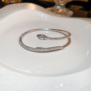 Detail van de zilveren slangenarmband met roze diamanten ogen op een wit keramisch bord