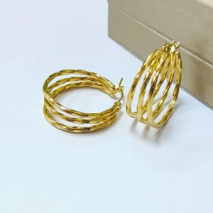 Elegant 18K gold plated stainless steel triple hoop earrings with twisted metal texture