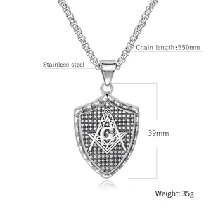 Stainless steel Freemason shield pendant necklace with 550mm chain and size markings
