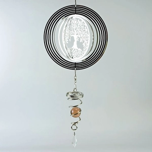 Detail of 15cm stainless steel wind spinner with Tree of Life, orange orb, and crystal drop