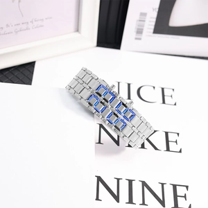 Macro shot of silver metal watch band with blue LED digital time display