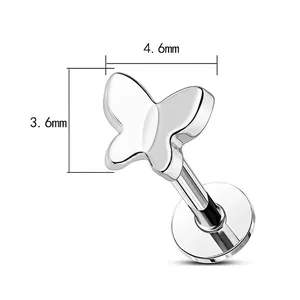 Polished F136 titanium butterfly labret stud earring measuring 4.6mm by 3.6mm