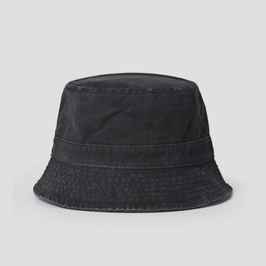 Detailed view of black washed cotton bucket hat with reinforced brim stitching and retro texture