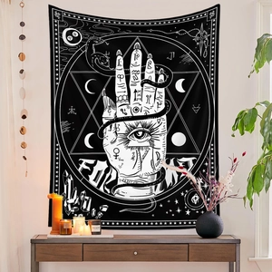 Detailed mystic tapestry with zodiac symbols and sun and moon phases on white wall