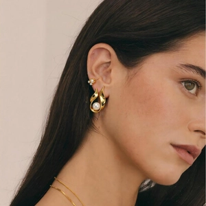French vintage stainless steel gold curved earrings set with white pearl accents