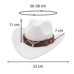 Detailed dimensions of a white cowboy hat with cow skull emblem and leather band