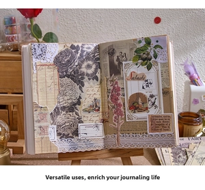 Detailed close-up of vintage scrapbook materials with floral prints and decorative labels