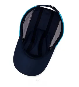 Detail view of quick-dry navy blue sports cap with breathable mesh and adjustable buckle
