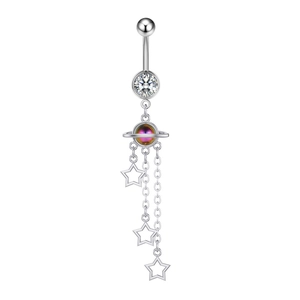 Detailed view of silver zircon belly ring with rainbow planet and star charms