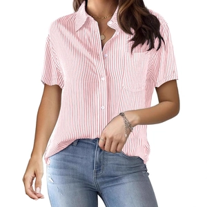 Women's pink and white striped short sleeve button-down shirt with chest pocket