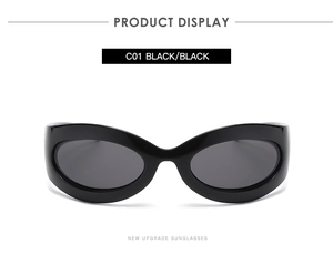 Front view of Y2K oval sunglasses with bold black frames and dark tinted lenses