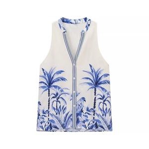 Damen Set aus ärmelloser V-Ausschnitt Weste und Midirock mit blauem Tropen-Print
