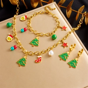 Stainless Steel Christmas Jewelry Necklace Bracelet Earrings Enamel Tree Santa Claus Bell Star Sock Charms Festive