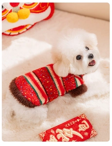 Detail of red striped dog sweater with colorful dots and faux fur trim for pet warmth