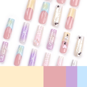 French 3D butterfly press-on nails with macarons colorful gradient and pearl charms