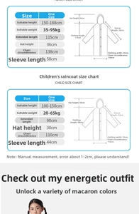 Detailed size chart for adult and child EVA waterproof raincoats with measurements