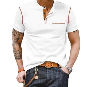 Polo Henley homme blanc à manches courtes avec coutures contrastées et poche sur la poitrine