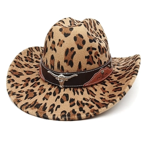Western leopard print cowboy hat with vintage bull head emblem and curved brim