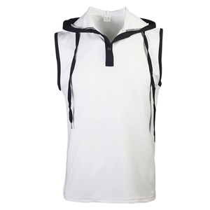 Detail of white hooded sleeveless shirt with black contrast trim and button neckline