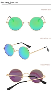 Front, side, and back views of gold-framed round sunglasses with green coated lenses