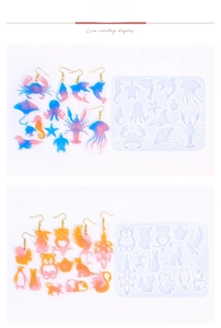 Detail showing DIY silicone molds for animal earrings with ocean and cat resin pendants