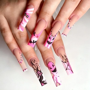 Press On Nails Long Coffin Shape Halloween Pink Black Mummy Bat Spider Web Pattern Artificial False Nails For Women