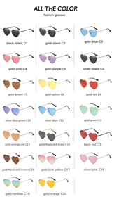 Grid display showing 20 colorful heart-shaped vintage metal sunglasses in various lenses