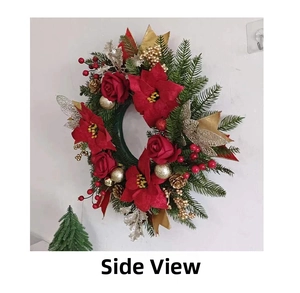 Side view of Christmas wreath featuring red roses, pine cones, and gold ornaments