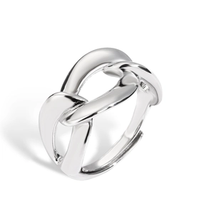 Close-up of polished silver hollow chain link ring with adjustable open band design