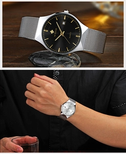 Detail view of quartz watch with mesh strap in black and white dial variants