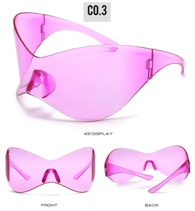 Three-view display of pink oversized shield sunglasses showing front and back design